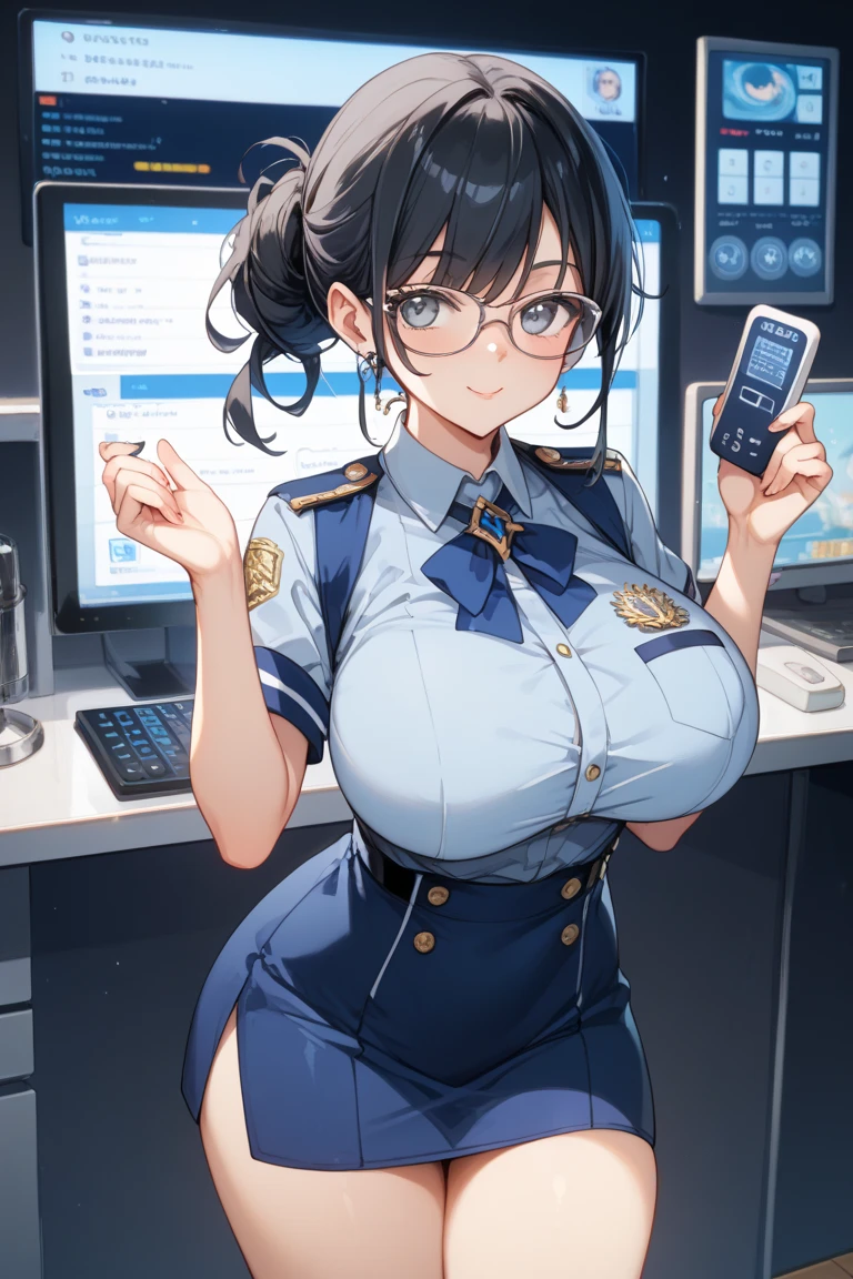 Erotic Anime Illustration、best image quality、Plump gal police officer patrolling the game center、Artoria、perfect proportions、blue uniform、Overwhelming big breasts that go beyond common sense、thick legs with fat、cowboy shot、ecstatic expression