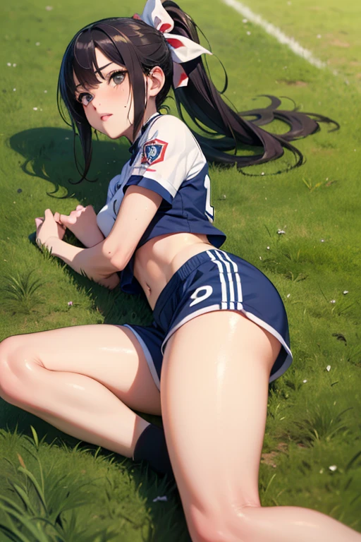 School gym uniform (red bloomers), girl at sports day (high jump), belly roll, aerial,