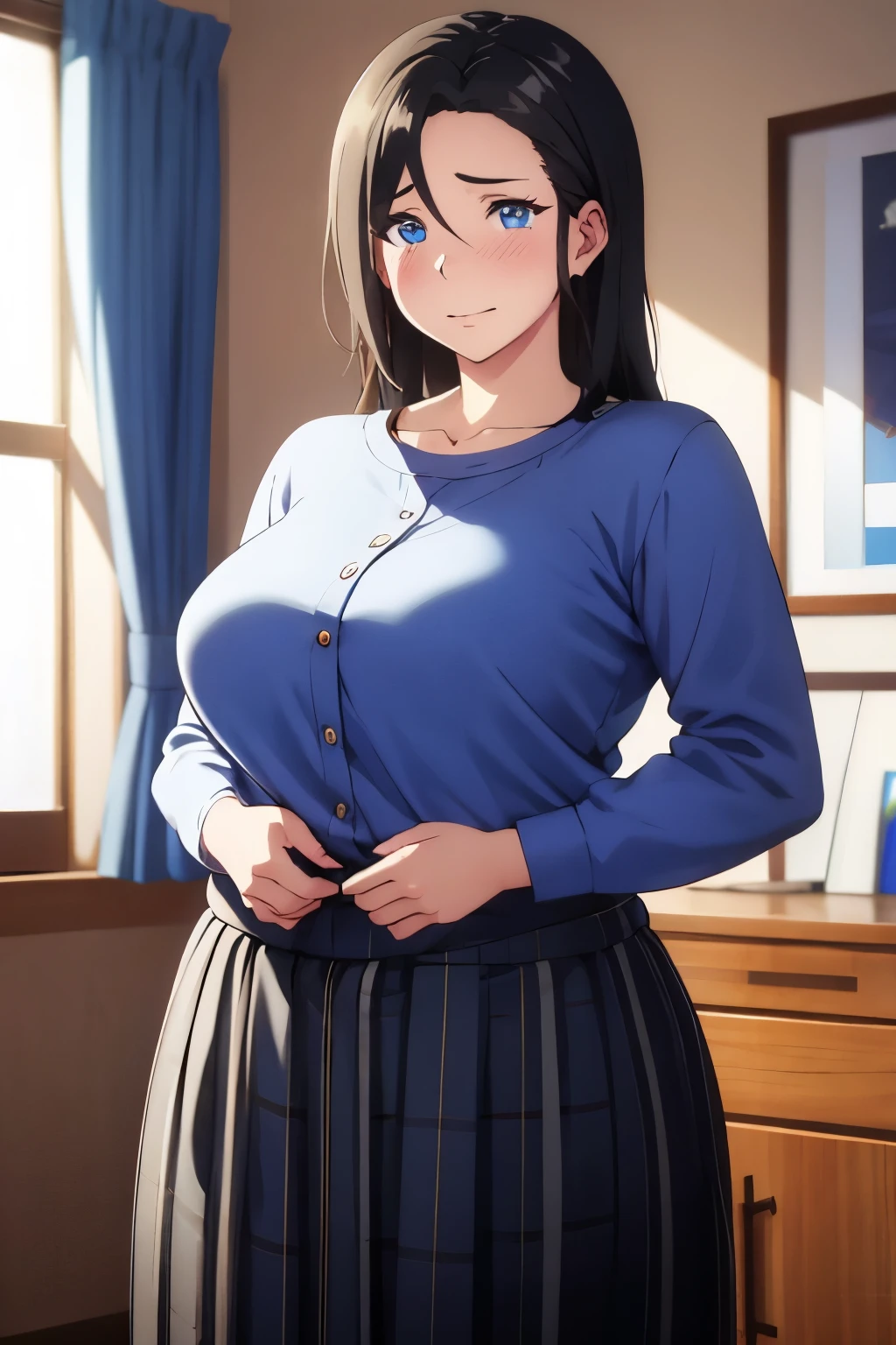 masterpiece, (best quality), 1woman,1girl ,haruhiko_ichijou_mother, black hair, long hair, (blue eyes),casual clothes, (skirt), hair between eyes, long sleeves,closed clothes, embarrassed,blush, , vibrant colors ,natural lighting ,RTX, , beautiful, (detailed face:1.2), showcase, (perfect eyes:1.1) ,(photorealistic:1.1), 8k uhd, looking at viewer, indoors, simple backround, chubby, embarrassed, gained weight, overweight,
