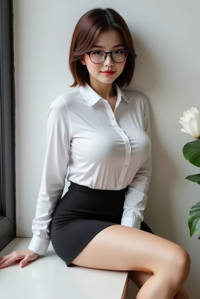 (Elite secretary of the upper class in light underwear), sit a chair，working in an office、 (Wear pantyhose)、(Short Layer Hair)、crossed legs, Wear high-end heels、 (thighhighs and skirt), Collared button shirt secretary, merchant,  Wear shirts and skirts, Business attire, business outfit, Raw photo, (8K、top-quality、tmasterpiece:1.2)、(intricate detailes:1.4)、(Photorealsitic:1.4)、octane renderings、Complex 3D rendering ultra detail,  vibrant detail, super detailing, realistic skin textures, Detal Face, Beautiful detail eyes, Very detailed CG Unity 16k wallpaper, Makeup - Makeup, (detailedbackground:1.2、((houseplant))、a necklace、piercings、Glasses with light silver trim、backshots、sideshot), shiny skins、Naked on the thighs!!!,