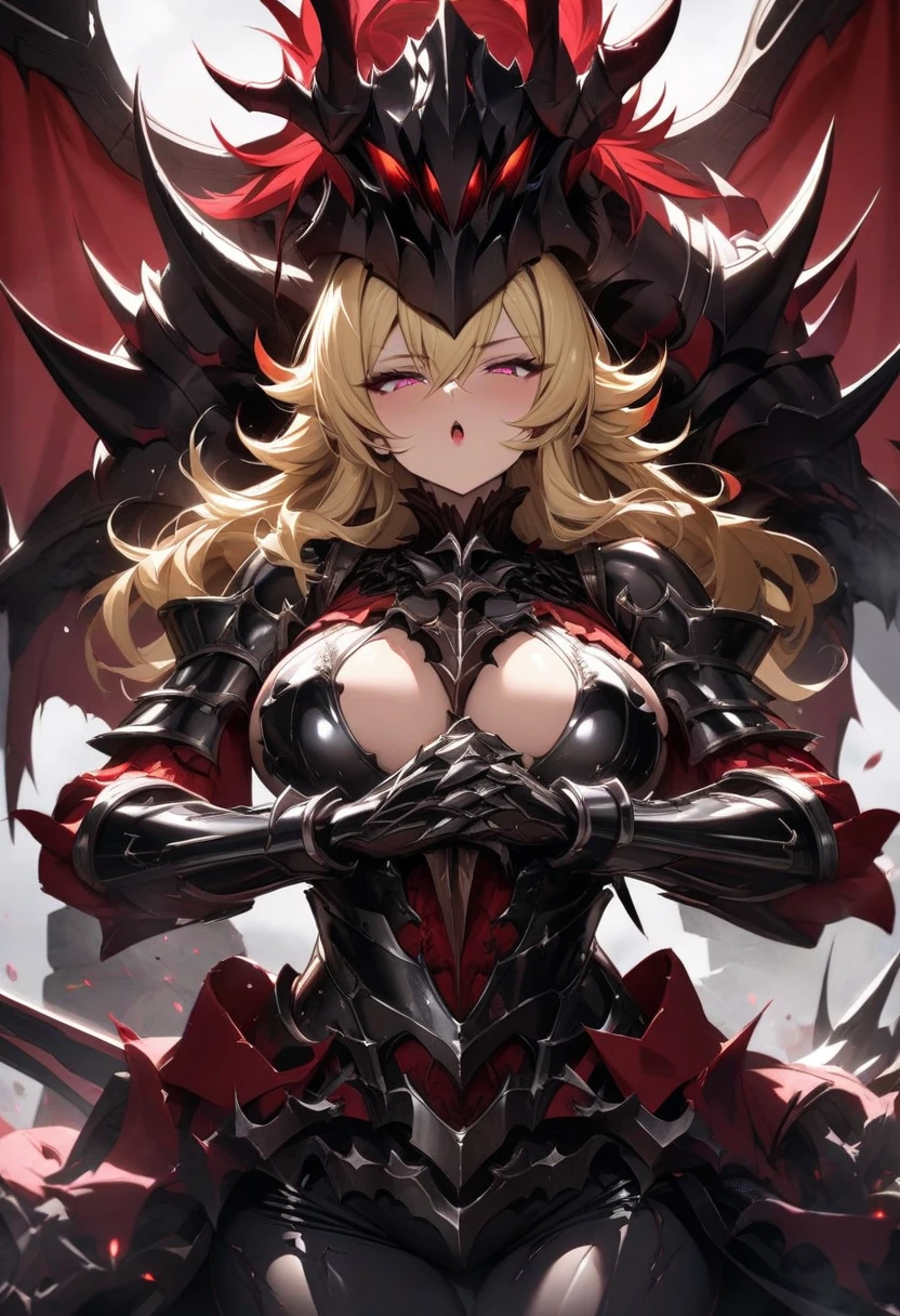 Outrageous resolution、masutepiece++,top-quality++,ultra-defined++, ultra-defined++,4K++,8K++,(Background Focus)++, Highly detailed, Viewer's Perspective、((Countless sword formation world))++、((Mature woman in full body dark knight armor))++, ((One full-body dark knight armor ready for battle)), ((((Battle-mad full-body dark knight armor))))++++,(full body dark knight armor)、(((Red decoration)))+++,(((Countless sword formation world)))++++,(Fangs peek out of the mouth)、((Ferocious smile))+ +,((项链)) ++,((dark sword))++,(Thimble gloves) +,(Sharp eyes)、(a blond)、 (Super shiny hair and skin), (Sunlight),((Beautiful)),(Huge breasts_Body: 1.5),(Huge breasts:1.5), Muscular girl with clearly visible abs and muscles, Sweaty body, cleavage, Dynamism, (Abs cleansing and shaving, Muscle muscle thighs) +, A lively smile, Perfect eyes, Perfect hands, Perfect nose, Magic Battle Dark, Bright atmosphere, (wet effect) +, (light effect), (Cinematic Light) + , (Like a movie of light) +