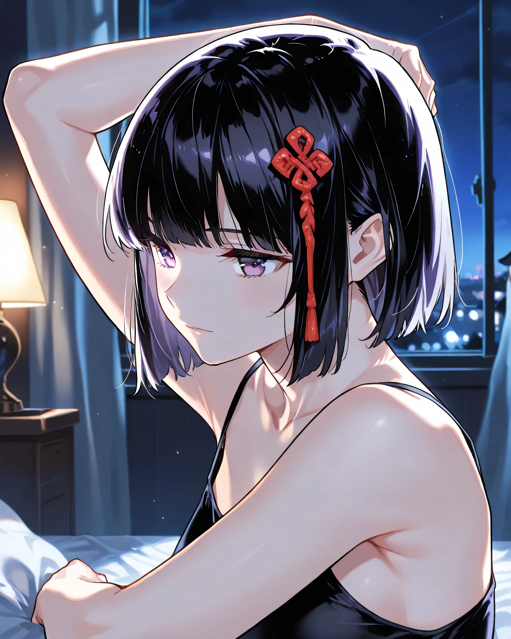 bedroom ,Night, dim light, score_9,score_8_up,score_7_up,best quality, 4k, rating_safe, very aesthetic, source_anime,1girl, yamashiro ren,purple eyes,black hair,hair ornaments, short hair, black Camisole, Armpit,
