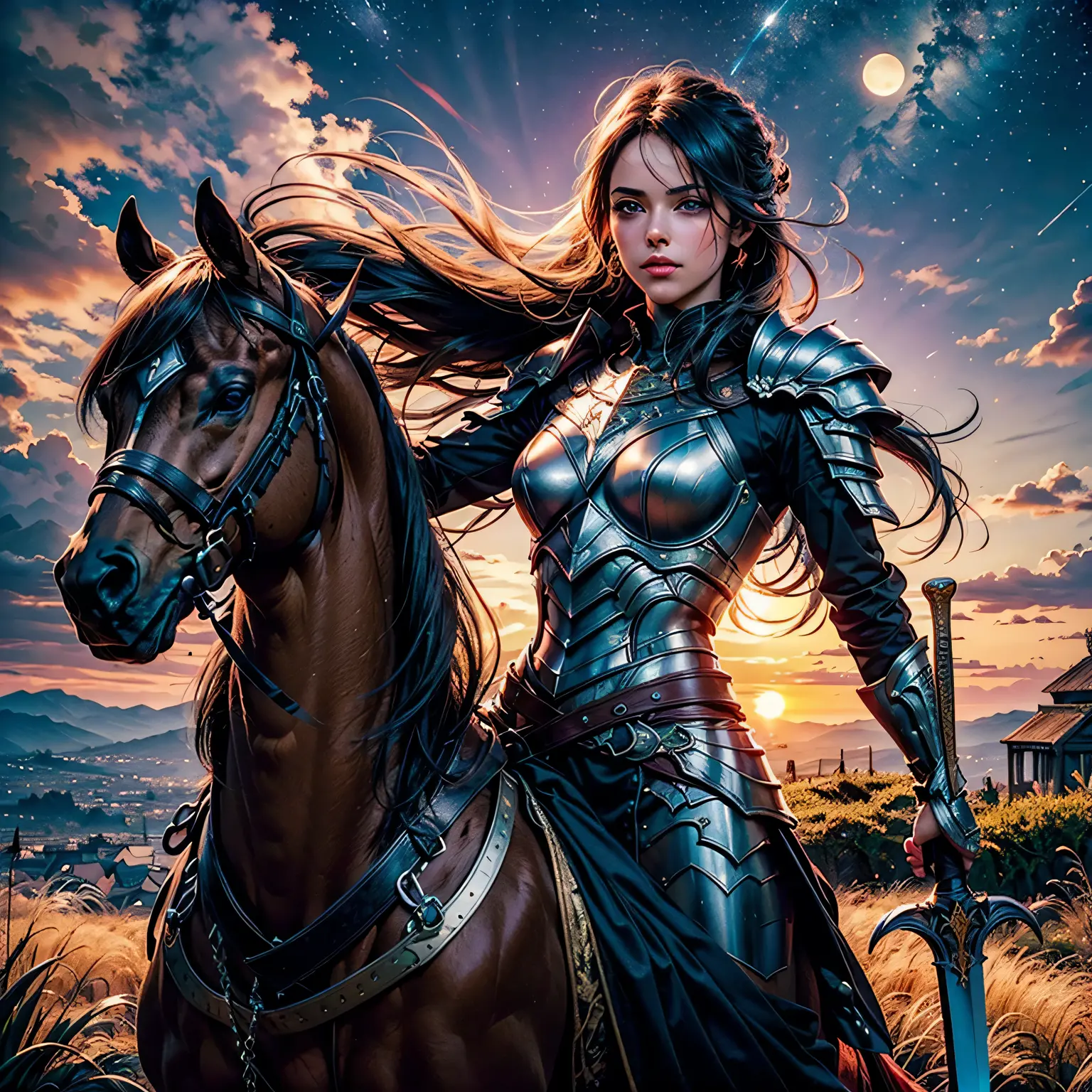 EbonySUN Skyrim nebulae Oblivion nebula stars epic Sunshine panoramic Coucher de soleil spacious sunrise Challenge Skyrim Elder Scroll ((nebulae stars nebula starry_sky spacious sunset panoramic Sunshine)) radiant sunrise stance, Gorgeous Queen Deadric (Ebony Deadric Armor)+(holding sword:1.3) Joust Ebony Lord Deadric Armor (ultra chef d'œuvre), (ultra extrêmement complexe:1.2), (ultra réaliste), portrait d'une cavalière avec_Épée chargeant la cavalerie BlackKnight, le plus beau dans le monde, (Armure Deadric en ébène), reflets métalliques, corps entier, en plein air, Lumière intense du soleil, château lointain, photographie professionnelle d'une superbe femme détaillée, mise au point ultra nette, spectaculaire, primé, Lumière du soleil cinématographique, rendu ultra octane unrealengine5, volumétrie dtx, (grain du film, arrière-plan flou, premier plan flou, bokeh, profondeur de champ, Coucher de soleil, flou de mouvement:1.3), capuche cape de lévitation cotte de mailles poitrine chromée nombril chevalier joute chemin profond équirectangulaire ultra_photo-réaliste méticuleusement complexe ultra_ultra-détails_ultra de haute qualité_ultra haute définition_haute résolution ultra optimale_netteté mise au point perfection précis éclairage global volumétrique cinématique_Lumière du soleil Éclair contraste cgi vfx sfx réflexe Octane_rendu extrême amélioré radiant gradué UHD XT3 DSLR HDR romm rgb pbr 3dcg fxaa blu-ray rétroéclairage codé aux couleurs vives anti-aliasing fkaa txaa rtx ssao opengl-shaders glsl-shaders post-traitement post-production ombrage cellulaire mappage de tons luminescence Cristallin le sexe nu nsfw varie multi, etc.. --s 1000 --c 20 --q 20 --chaos 100