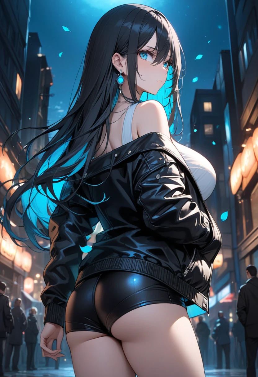 1 girl, intricate-detail, work of art, best qualityer, extremely detaild,cinematic lighting, beautiful detailed glowing, beautiful face and finely detailed eyes, 8K, dark intense shadows, yellow  eyes, medium hair, Bblack hair, bangss, floating hair, Black jacke, open jacket, white  shirt, unexpressive, neckleace, Black Skirt, searchlight, sunshine light, rise sun, gradient sky, citys, Lens flare, cowboy shot, [[curved]], [mature woman], (((fully body, thick ass e body fit)))