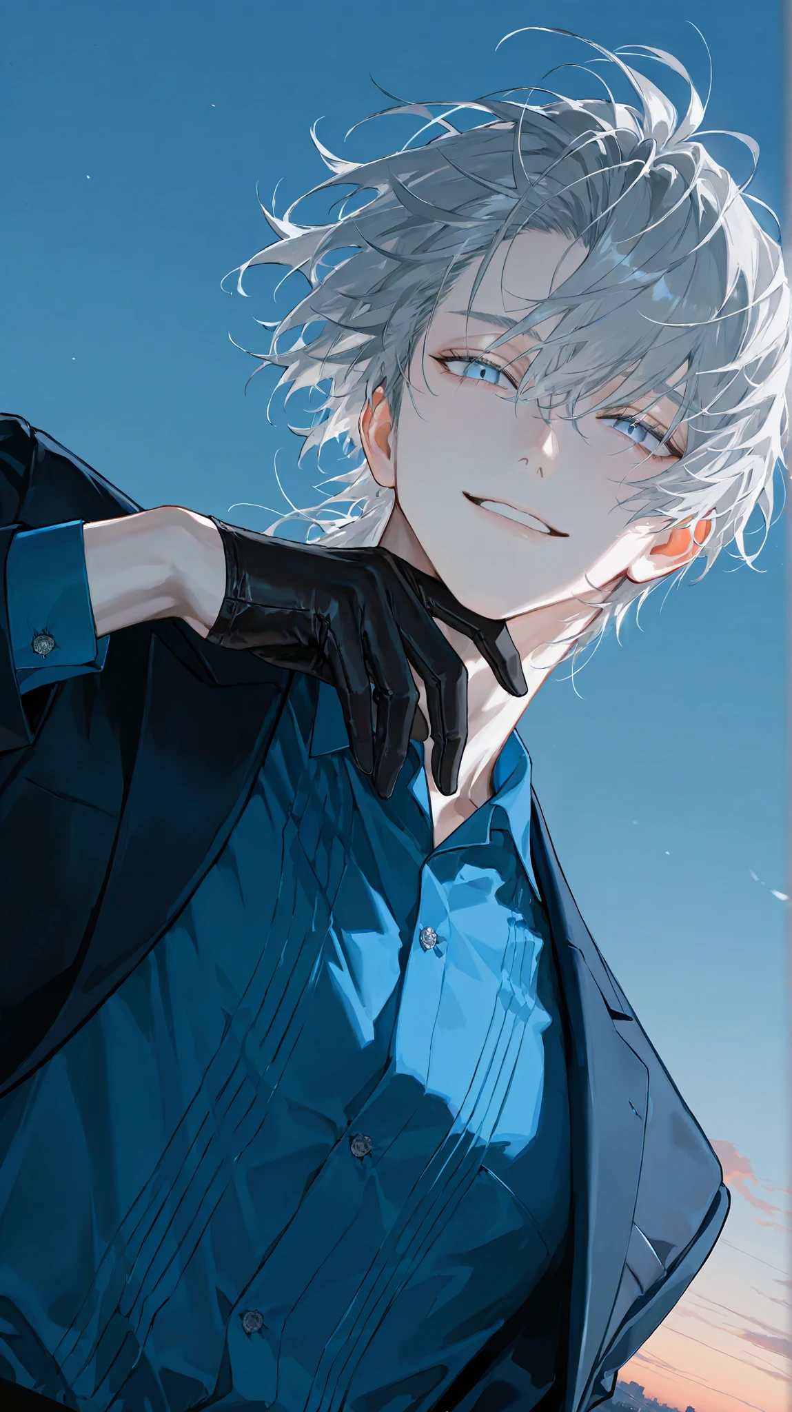 8k, 아름다운 masterpiece, 32 year old male , handsome, smiles, Messy Hair, Two block perm hair, light gray hair , 1 man , male-centered, handsome man, Thick painted, sky blue eyes, Perfect Eyes ,semi-realism art , semi-realism art style, looking at the front, masterpiece, top quality, amazing quality, Exquisite Details, very detailed, mature, alone, blue formal shirt, black half gloves,Plain gloves ,looking at viewers, pale skin, dynamic angle, Close , Upper body cut