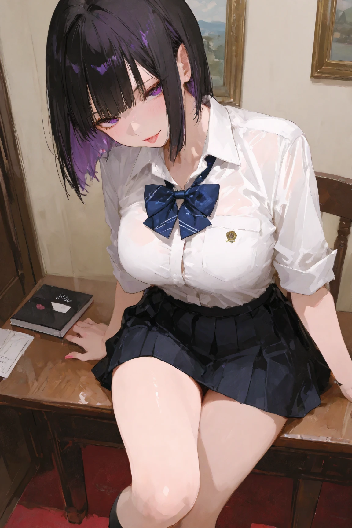 (A white short-sleeved dress with a round collar and buttons in the front: 1.2)、(White micro mini skirt: 1.2)、night、(Black ribbon at collar)、(Navy blue leather belt around the waist)、((Long straight purple hair that reaches down to the waist))、(Big red eyes)、(Closed front button)、、restaurant、Small Nose、Big Mouth、round face、Big Tits、anime、highest quality、High resolution、Thin and transparent nipples、1 person、Wooden chair、sit、(A small button is undone, revealing her deep cleavage.)、Moist eyes