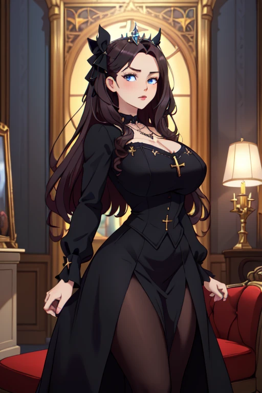 (high quality, 8k, 4K, high contrast, artwork:1.2, high quality, best aesthetics), ((1 woman)), erotic, sensual, mature body, super detailed, beautiful face detailed, beautiful eyes detailed, detailed beautiful mouth, perfect breasts, wide thighs, sexy body, (long straight black hair), (black eyes), (black lipstick), (black eyeliner), (black eyeshadow), (calm expression), (penetrating gaze), (black cat ears), (black cat tail), (short black dress with short ruffled skirt and long sleeves), (centered), (looking at viewer), (standing), (hands behind back), (front view)
