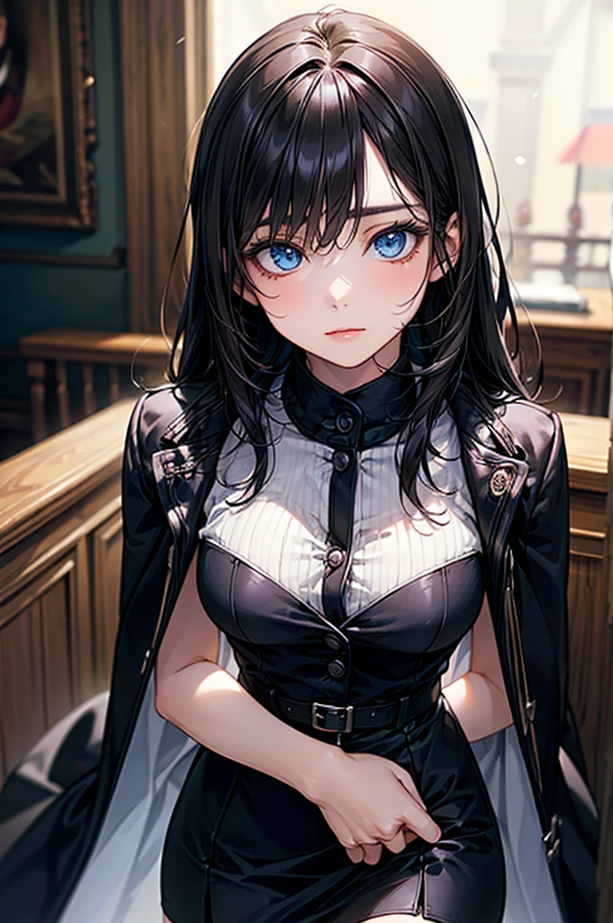 (best quality: 1.2), clean face, (masterpiece: 1.2, 8k) perfect anatomy, 1 girl) a beautiful fashion model ,(masterpiece, official art, best quality shiny hair, straight black hair with streaks in hair, full lips, small breasts, blazer school uniform, short skirt, thong straps, (dark makeup, piercings), shiny breasts,shiny skin, looking at viewer, college student, horizontal, lounging, a single girl, scene haircut, dark makeup, dark eyes, (slender, skinny, slight frame, small breasts), ((emo, scene))