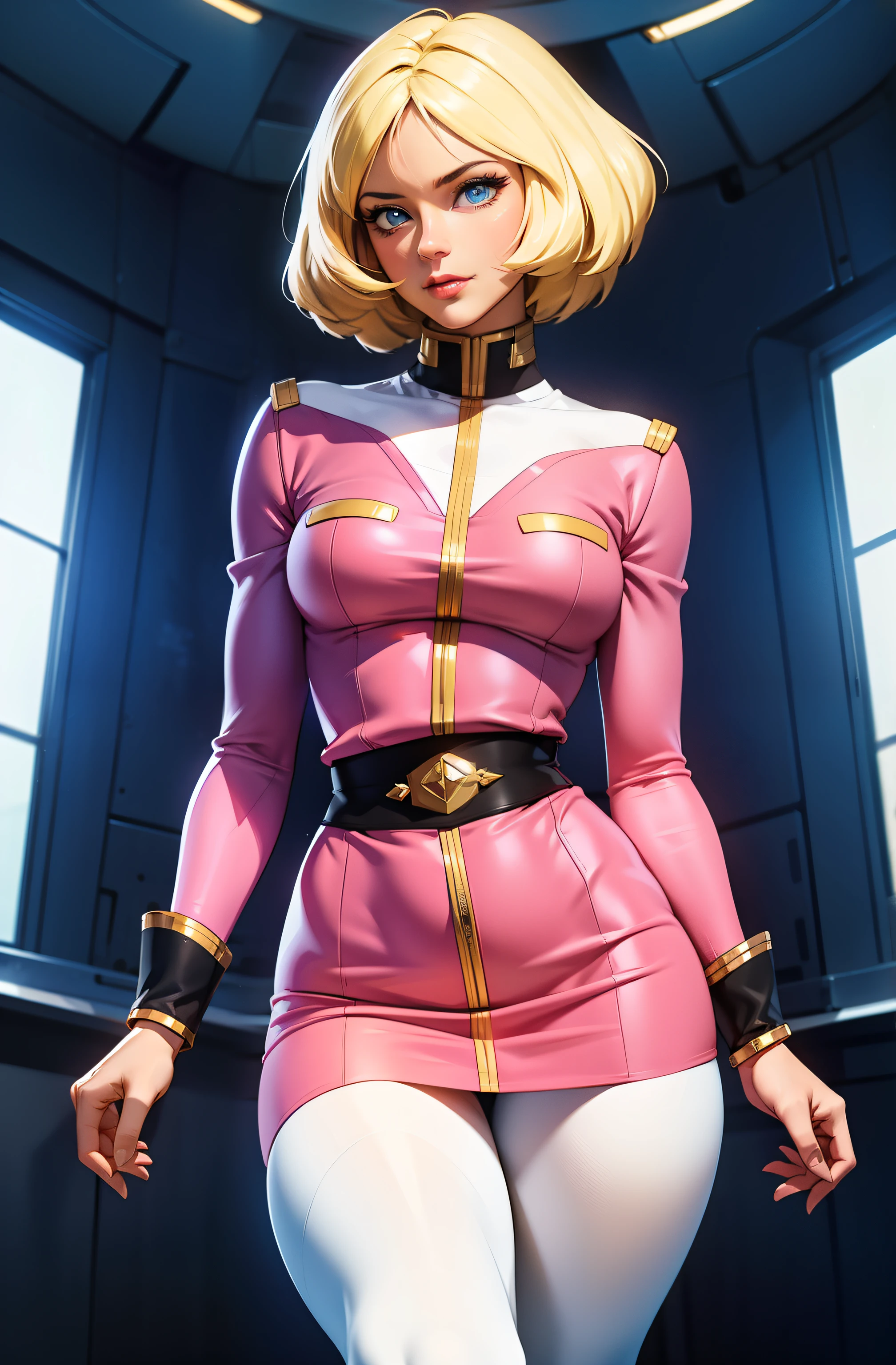 ((masterpiece)), ((cinematic lighting)), realistic photo、Real Images、Top image quality、1girl in, sayla mass, Elegant, masterpiece, Convoluted, slim arms, wide hips, thick thighs, thigh gaps, Best Quality, absurderes, high face detail, Perfect eyes, mature, Cowboy Shot, , Vibrant colors, soft pink uniform, soft pink Skirt, white tights, side view, looking at viewer