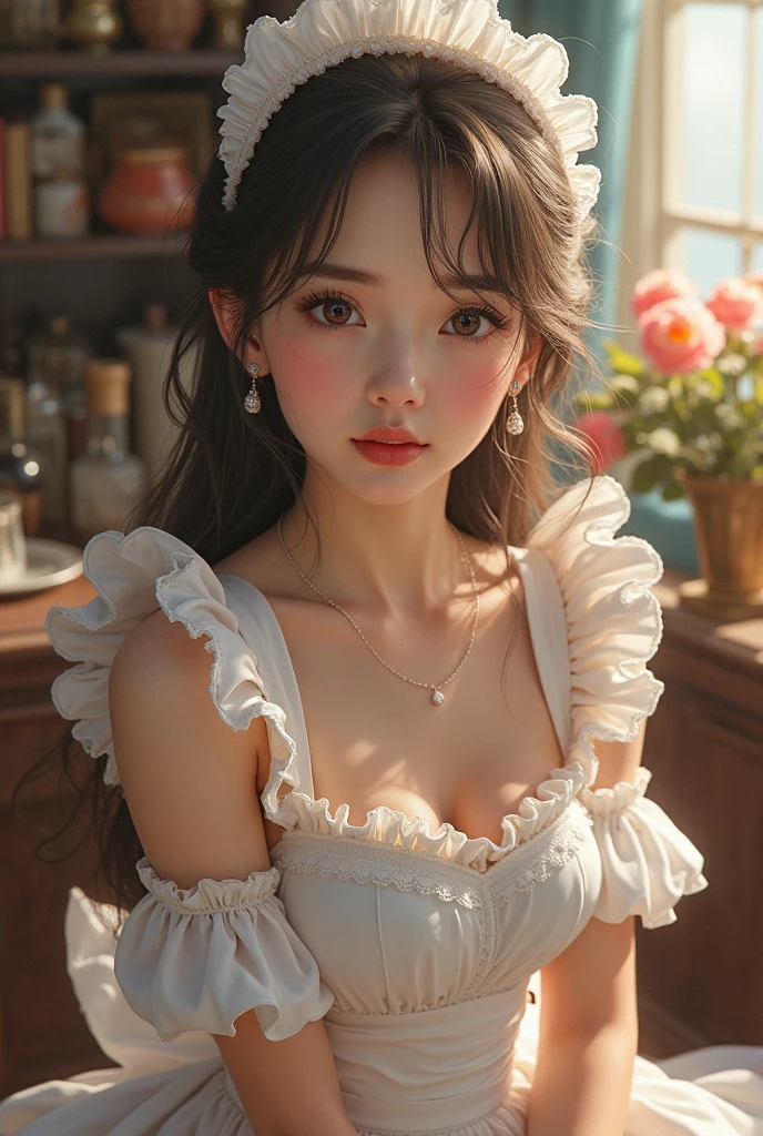 Brunette influencer, dress as Alice in Wonderland outfit, short dress, panties, bow in hair, cute smile