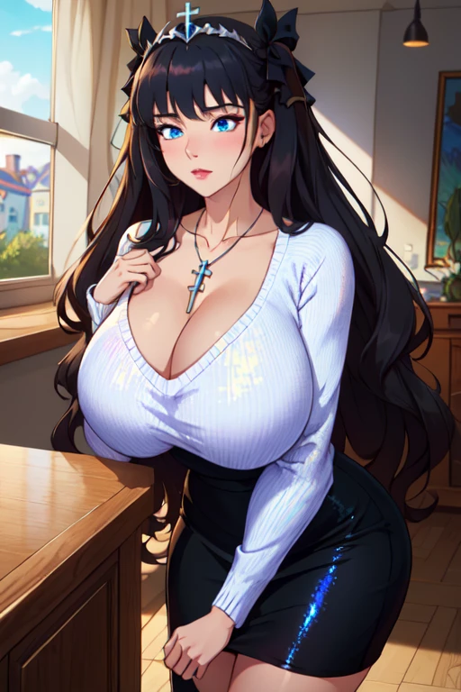 1girl, Long brown hair, ((HUGE boobs)), young, big shirt, very tight jeans, classroom, ((crotch slit)), semi-transparent shirt, no bra, cinematic lighting, (()), brown eyes, ((heart-shaped pupils)), (unbuttoning jeans showing )