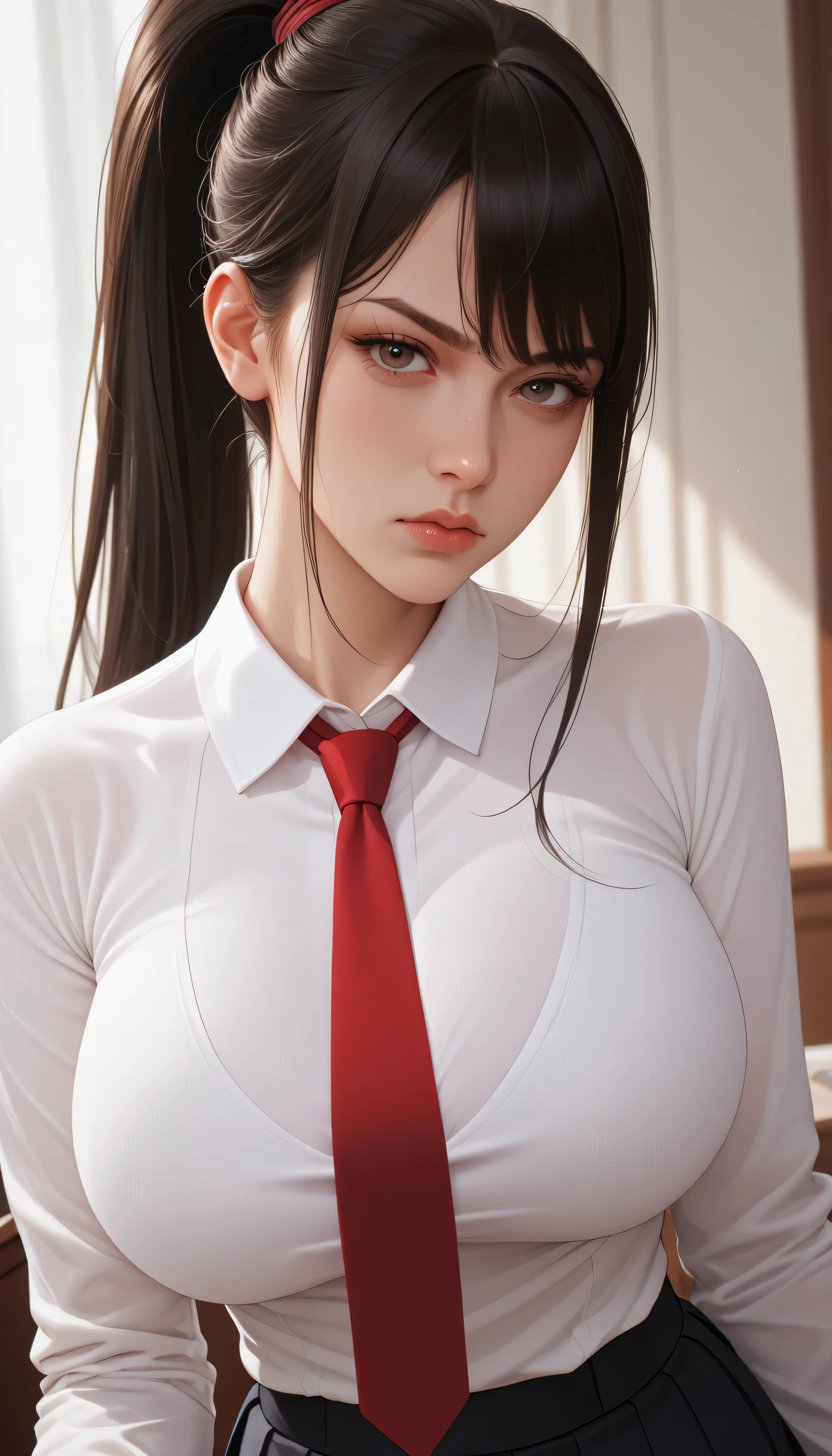 beautiful woman with huge breasts, long black ponytail hair with bangs, looking at viewer, annoyed expression, half body portrait, wearing tight white long sleeve shirt and red neck tie, wearing black pleated skirt