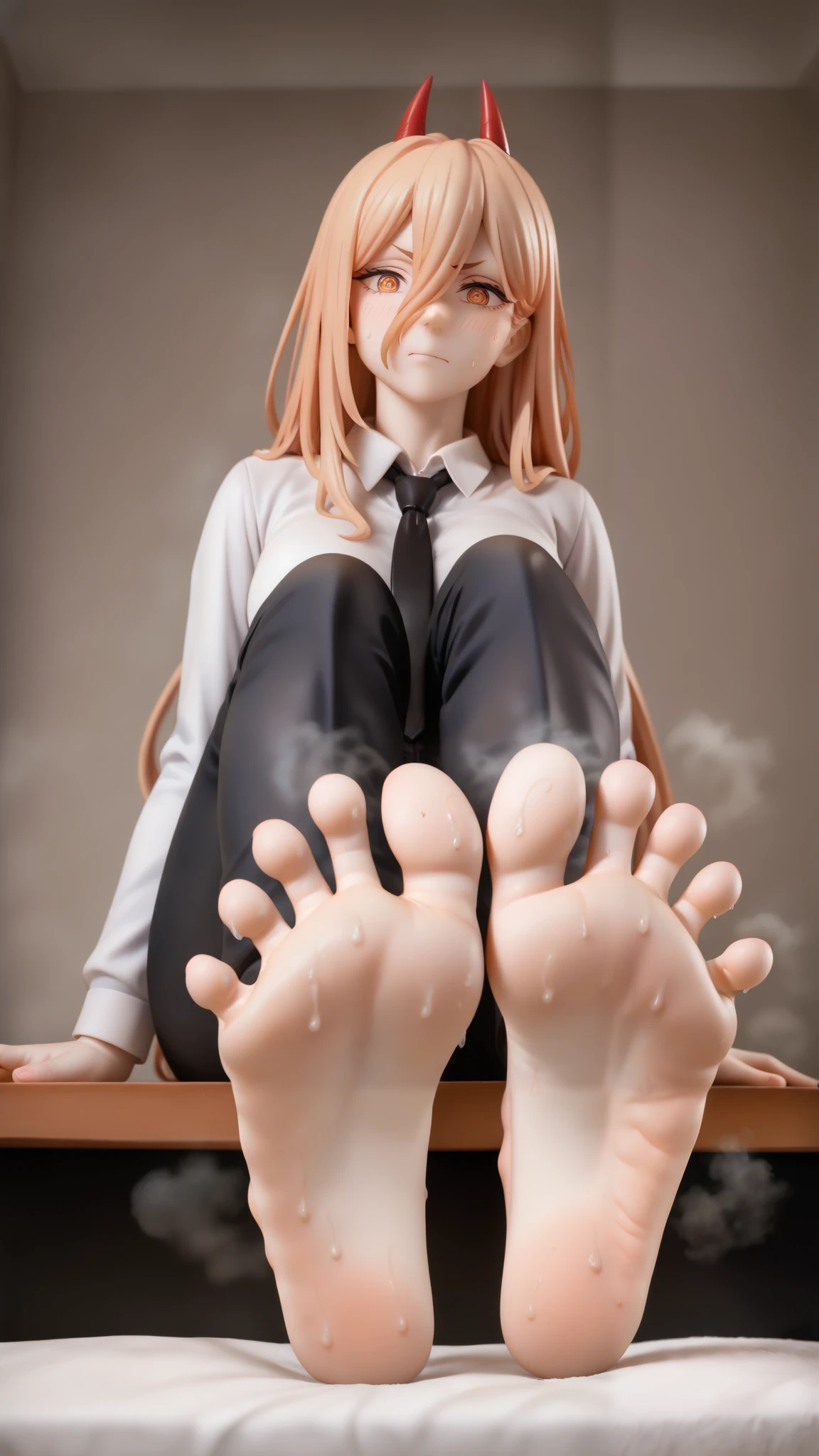 Chainsaw Man, Power (chainsaw man), , 1girl, feet, barefoot, foot focus, toes, solo, soles, necktie, blonde hair, yellow eyes, horns, steaming body, sweat, pants, shirt, looking at viewer, smell, ringed eyes, black necktie, black pants, white shirt, breasts, foreshortening, collared shirt, simple background, sitting, spread toes, toenails, sidelocks, closed mouth, stinky feet, strong odor, sweaty soles, visible stink lines, exaggerated smell, wrinkled soles, dirty feet ,masterpiece,best quality,very aesthetic,highres,absurdres,sensitive,amazing quality,newest, scenery