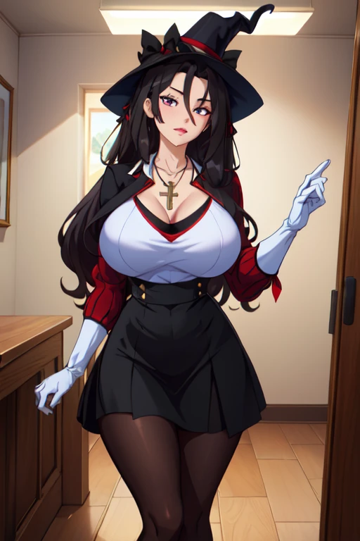 A 20-year-old woman, wearing a red sorcesse tunic with gold details, a red witch's hat with gold details, with effects on her shoulder pads, smiling, ruby red eyes, black hair, long black hair, hair down to her legs, red heels , big hair, mature body, walking in the doorway of an old library with several books on site , (solo woman)
