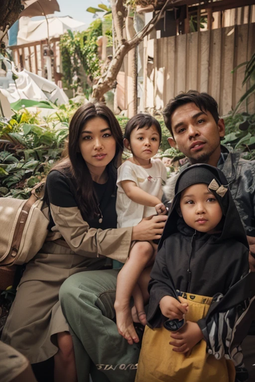 full body portrait An Indonesian family has a father and mother and an eight year old daughter wearing a hijab, traditional clothing javanese, clear detailed faces. They were on Mount Bromo watching the sunset.