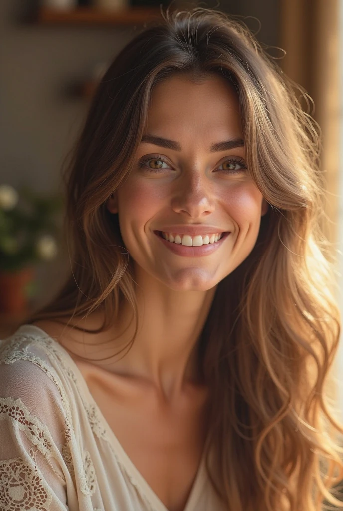 Create a beautiful woman, calm mood, perfect lighting, natural colors, long caramel-colored hair, messy hair, clear black eyes, 35 years old, natural smile, extremely detailed, real photo, medium shot, prominent breasts in view