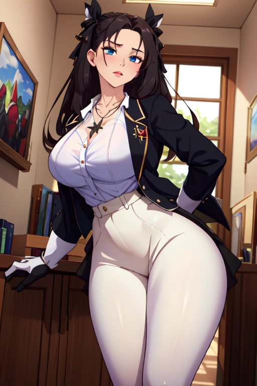 1girl, Best quality, masterpiece, cowboy shot, black hair, long hair, red eyes, lustful, butler, white shirt, black tie, black pants, big breast, ponytail