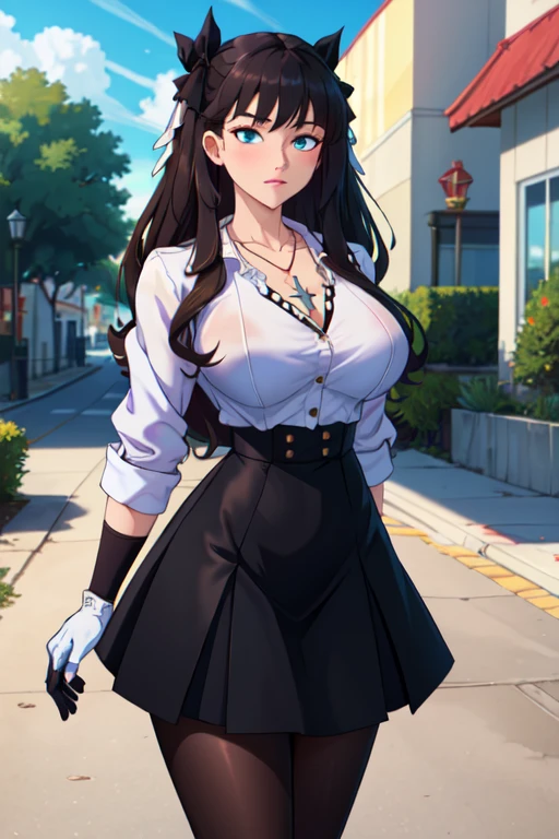 Masterpiece, best quality, ultrasharp, highly detailed, illustration, tomoyo, medium breasts, (aged up), standing, city street, makeup, (18 year old girl:1.2), collarbone, necklace, frown, strapless corset, thigh highs
