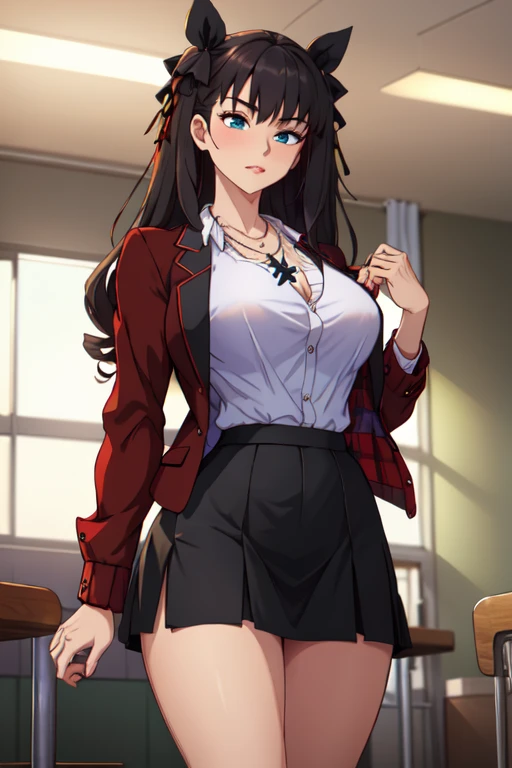 masterpiece, best quality, highres, 1girl kaori saeki parted bangs high ponytail, school uniform spaghetti strap black vest red necktie red skirt black thighhighs standing, evil smile,masterpiece, best quality, highres, 1girl kaori saeki, school uniform spaghetti strap black vest red necktie red skirt black thighhighs, classroom, cowboy shot, (smug:0.3), looking at viewer, focus solo,, erotic, (erotic eyes), (aheago), petite