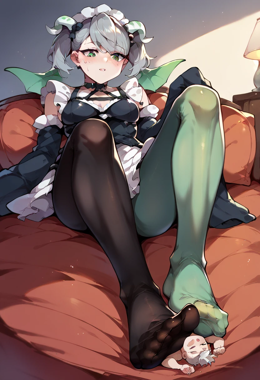 Fraction_9,Fraction_8_Direction_7_up,1 Girl，Dragon Lady,foot,Gloves,Mary Jane Shoes，Sole,Green Eyes,赤foot,Pointed ears,breast,Solitary,Long hair，White tights，White hair,black Gloves,foot趾,foot部焦点,Looking at the audience,sit,Sweat,Open your mouth,foot,Keep,outdoor,sky空,Bangs,sky,Smile,blush，shorten,sun，摸foot，White Wings，White dragon horn，White Tail，Maid costume