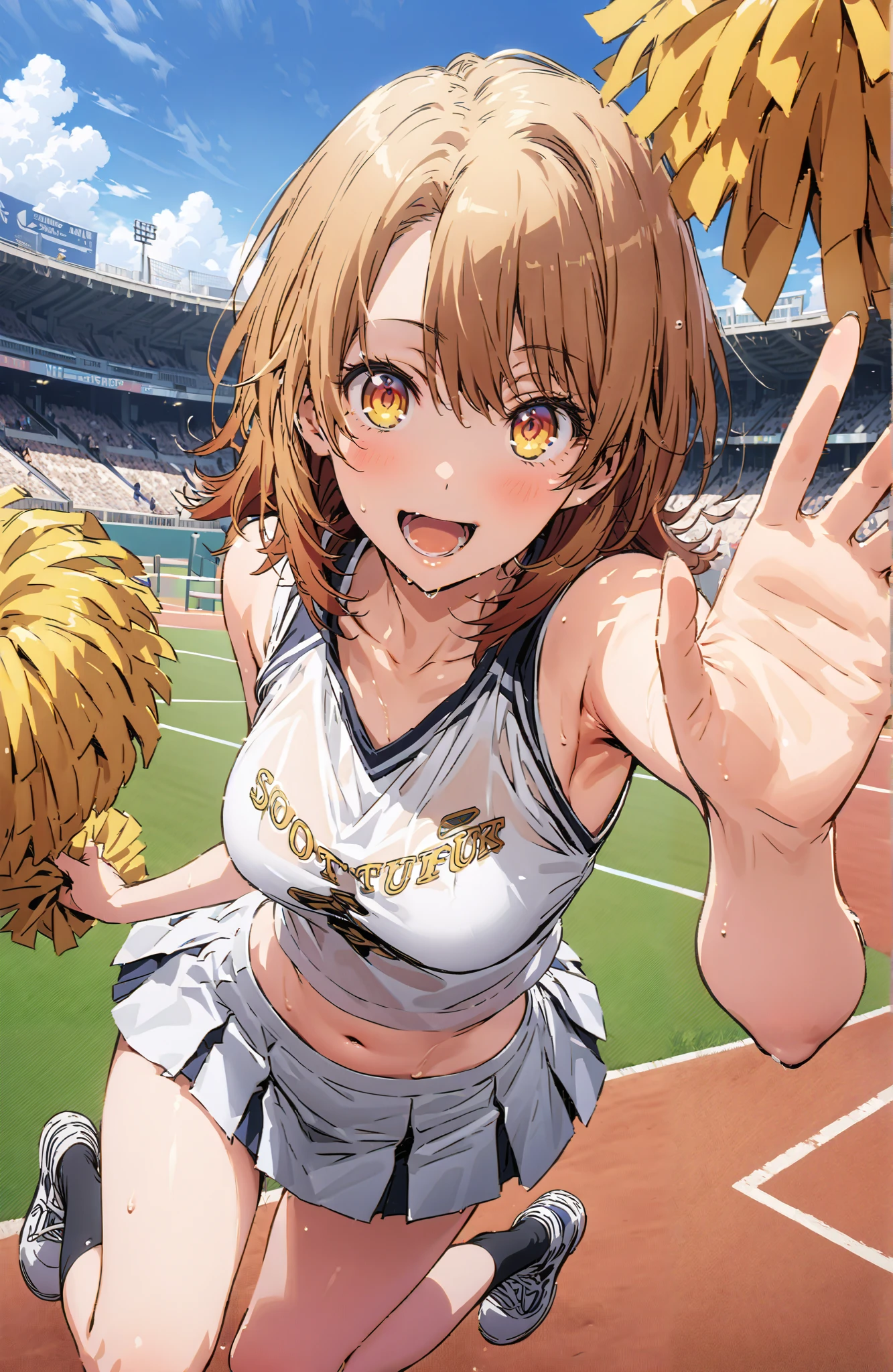 Irohaisshiki, Isshiki Iroha , short hair, black cock, brown eyes,smile,cover,open your mouth,
(cheerleading), (full body), on chest, (sweated), sweated Wet Clothes, (white clothes),sleeveless, pleated skirt,black socks,sneakers, stomach button support , playground, (jump), (jump), 両足を曲げてjumpする, blue sky, Compa, smile,cheerleader, Pom-pom \(cheerleading\) real hair ornaments,angle from below,full bodyがillustrationに入るように,break outdoors,Stadium,
break looking at viewer,full body,
break (masterpiece:1.2), Top Quality, high resolution, Unity 8k Wallpaper, (illustration:0.8), (beautiful detailed eyes:1.6), very detailed face, so that it fits into the illustration, extremely detailed CG, full body写真,(perfect hand, perfect anatomy),