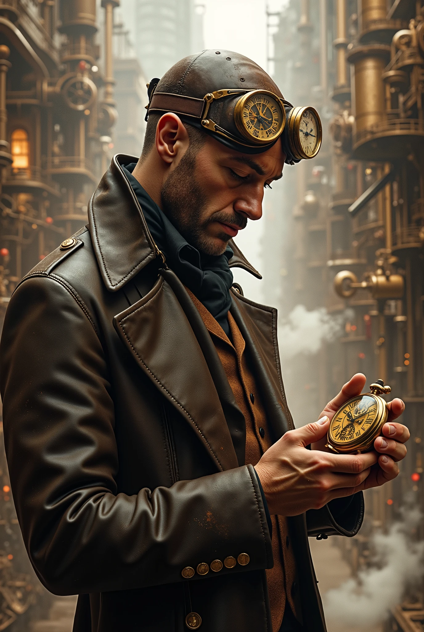 1 steampunk scholar，
「brass gear monocular，leather flight goggles，Victorian style coat（Oil stain wear），handheld clockwork pocket watch，background steam mechanical city，warm brown tone， oil painting texture」
