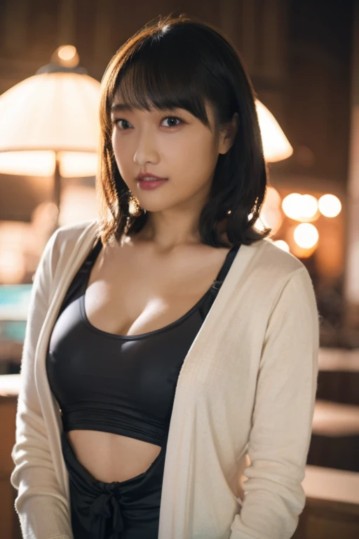 (8K、nffsw、Hi-Res)、((((a picture、Raw photography、Hyper-Realism、masterpiece、top-quality、超A high resolution))))、(Pin Light、Back lighting、Back lighting、ciinematic light)、foco nítido:1。4、(Hyper-detailing、finedetail)、cowboy shot、 1girl in、Egg-shaped face、Big, Beautiful eyes like a cat、small and slightly plump lips,,,,,、thick eyebrow、long and beautiful eyelashes。Transparent throughout makeup、There a pink touch and sparkling lip gloss on the cheeks。Hairstyle dark brown medium hair with wavy waves。Random and sexy poses,Random situations、large full breasts、cleavage of the breast、A smile、bokeh feeling、25-years old、(Drooping eyes 1.5)、 beauty、natural、japanes、(((Wearing a seductive outfit)))、Small piercings、((in orange tree:1.3)), (In an office in a high-rise building:1.3), ((Focus on Face:1.2)), (Cowboy Shot:1.2),
