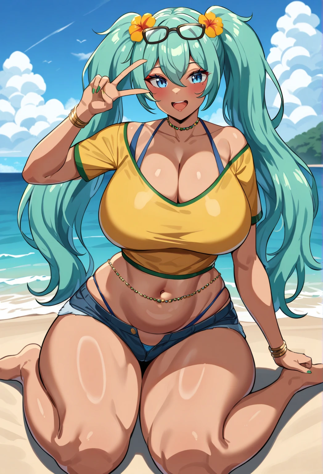 (Masterpiece) , (Best quality), high quality, (8K: 1.2),(Original), absurderes,1girl, (naked:1.8), (Sexual Erotic pose:1.8), Long Legs:1.8, ((Erotic Massive Female bodybuilder:1.8)),Kasuga Beach,(Huge Breasts:1.6), She was on the beach，smile，Spring, ((Perfect anatomy)), Long green hair, Legs exposed,