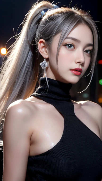 1 girl, Aqua Eye, reTurn, ((big breasTs)), Exposing shoulders, black gloves, blue eyes, ( Ichinose Asuna, Blue Archive), choker, Earrings, fingerless gloves, From behind, gloves, Gray Hair, Holding, JackeT, jewelry, Long Hair, looking aT The viewer, looking reTurn, Manicure, Off the shoulder, parTed lips, Earrings, ponyTail, red JackeT, alone, Upper Body,He did so&#39;T,[[realisTic]],(Shiny skin),(masTerpiece:1.4),(highesT qualiTy:1.4)