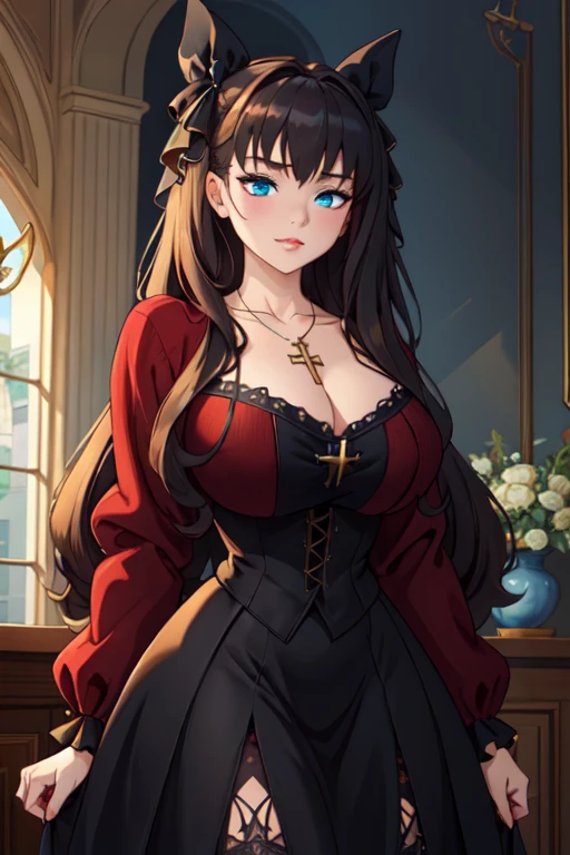 (Masterpiece, Best Quality, High Quality, Highres:1.4), Detailed, Extremely Detailed, Ambient Soft Lighting, 4K, Ornate, (Renaissance, Vintage:1.4), 1Gril, (Solo:1.4), (Milf:1.2), Standing, Upper Body, (Face Focus:1.2), (Extremely Detailed Hair:1.2), black hair, Long Hair, (Red Eyes, worried, Looking at Viewer:1.2), Curvy, Huge Breasts, (Bursting Breasts:1.2), (Tiara:1.2), Crown, (Cleavage, Strapless, Red Dress)