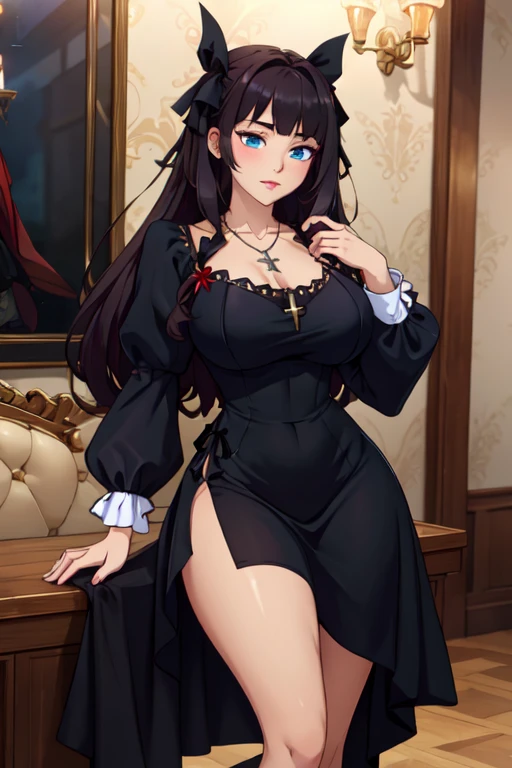 1girl is a young woman with fair skin and a tall, noticeably full figure. She has long, glossy, wavy black hair that goes down to her lower back and curls at the tips. Her long, middle-parted bangs frame her face. Her eyes are amethyst and she wears red lipstick. She wears a red open bustier, which displays her cleavage and is connected to her shoulder-to-elbow charcoal gray inner garment. She also has a beaded choker, a pendant, bangles, hand chain bracelets, and rings. Her leather hot-pants are dyed blue and have golden embellishments. Her embroidered thread garter belt consists of geometrical patterns and decorates only the bare skin from the middle of her tights to her knee-high boots.