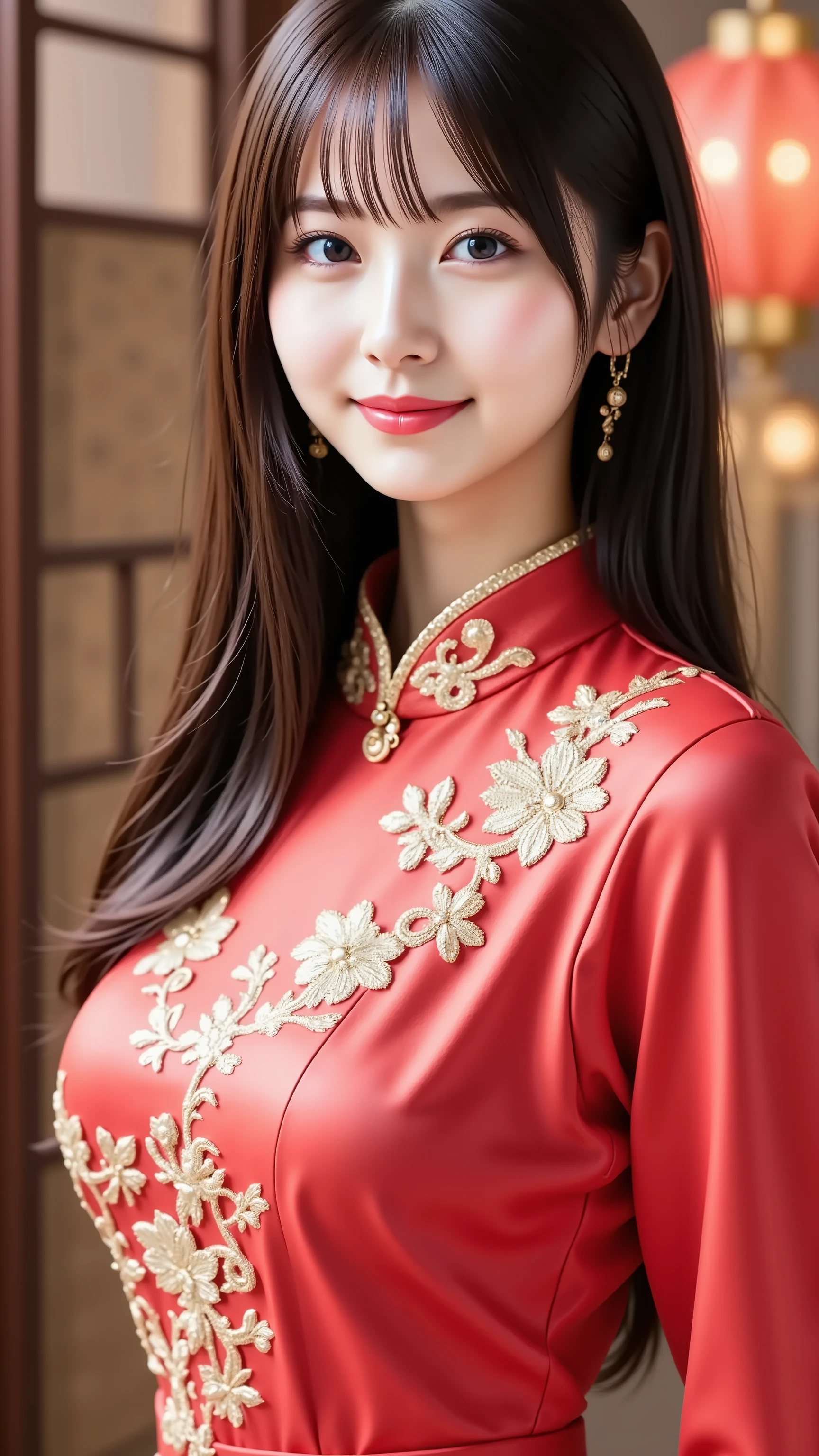 A masterpiece featuring a beautiful woman with long black hair and bangs, wearing a form-fitting, traditional red cheongsam (qipao) with intricate gold embroidery that accentuates her elegant figure. Her clear, radiant skin and warm, inviting smile enhance her captivating presence. The composition centers her face, highlighting her natural beauty. The background showcases a traditional Chinese setting, featuring elements such as ornate wooden screens, red lanterns, and intricate architectural details, enhancing the cultural ambiance. Rendered in 8K resolution for stunning detail and clarity.スリット