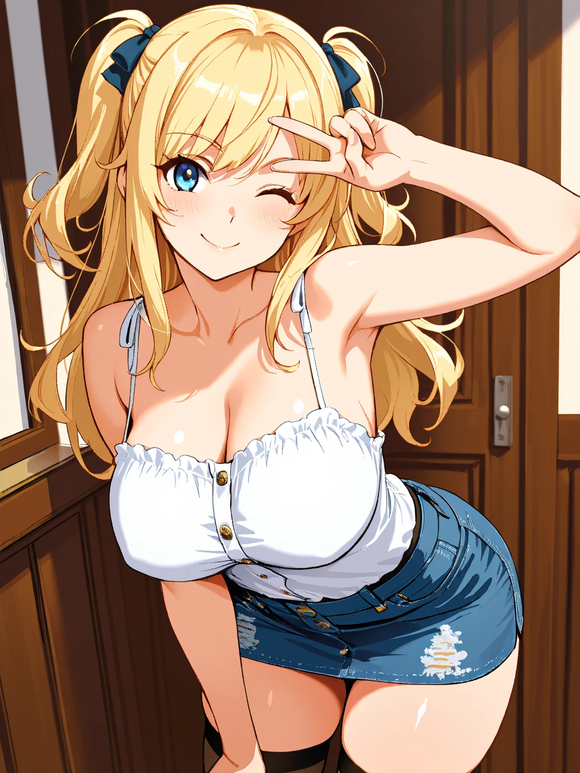 masutepiece, Best Quality, Ultra-detailed, Photorealistic, Illustration,(1girl in),Beautiful detailed eyes, On the rooftop, (Sunlight:1.2), (From above:1.1), leaning on the railing, Blonde hair, Sexy, medium breastout:1.3), Unbuttoned blouse, Bra Top:1.1), Parted lips, Shorts