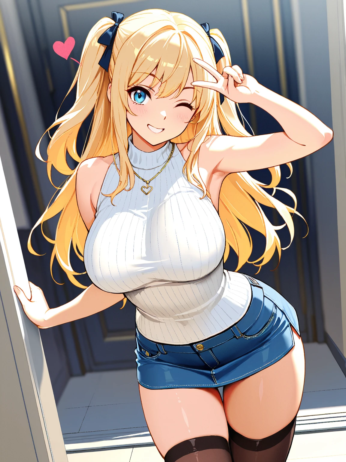 Uma garota (sozinho),cabelo loiro,seios gigantescos,Seios enormes, busto muito grande,wearing a short denim jumpsuit, mangas curtas,olhos rosas,heart-shaped shaped pupils,expression joyful,sorrindo,numa cidade.8k super detalhado