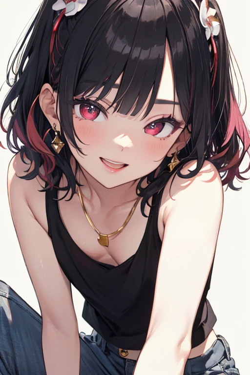 ((masterpiece,High resolution,Highest quality))
(28 years old,一人の浅Dark Skinの女性,Very small waist,Big Breasts, Provocative smile, Charm, 
(Purple shorthair, Bangs alignment, Dark Skin,Pink Eyes,poorly eyes)
(Black Micro T-Shirt,Denim shorts, No bra), tight, Bite, vibrator, Put it in your panties, 