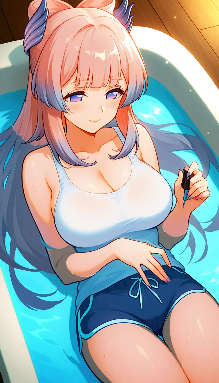 1 girl, breasts ,nude, blush, bath, bathtub, purple_eyes, navel, bangs, smile, looking_at_another, shared_bathing, bathing, large_breasts, grey_hair, petals, sitting, long_hair, pink_hair, open_mouth,yuri, ahoge, convenient_censoring, completely_nude, :d, towel, medium_breasts, blunt_bangs, two-tone_hair, purple_hair, hair_bun, partially_submerged,