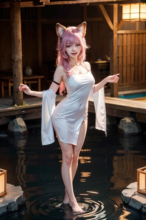 A girl (wearing towel, inside_sauna:1.3),best quality, masterpiece, illustration, an extremely delicate and beautiful, extremely detailed wallpaper, CG Unity wallpaper, extremely detailed, CG Unity, unit, 8k, incredible, with fine details, masterpiece, official art of the best quality 8k, CG Unity wallpaper absurd, absurd, incredibly absurd, size of huge, ultra-detailed, high-resolution, extremely detailed file, beautiful detailed girl, extremely detailed eyes and face, beautiful detailed eyes, (RAW photo, best quality), (realistic, photorealistic: 1.3), light on the face, full body, full body photo, ((face in the shape of a triangle)), (whitish pink hair: 1), long hair, (big and perfect eyes), ((puffy eyes)), ((small breasts)), (fantastic breasts)), (fantastic breasts)), (Idol of the Pop), (aegyo sal), bangs, thin, (posing), (smiling), happy, looking at the viewer, from front