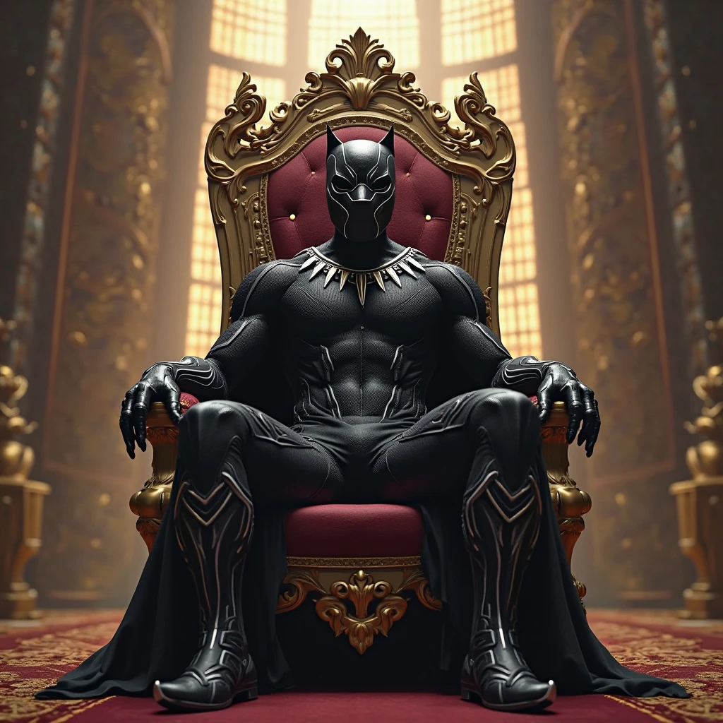 Black Panther Tchala sitting on the throne of Wakanda with the uniform