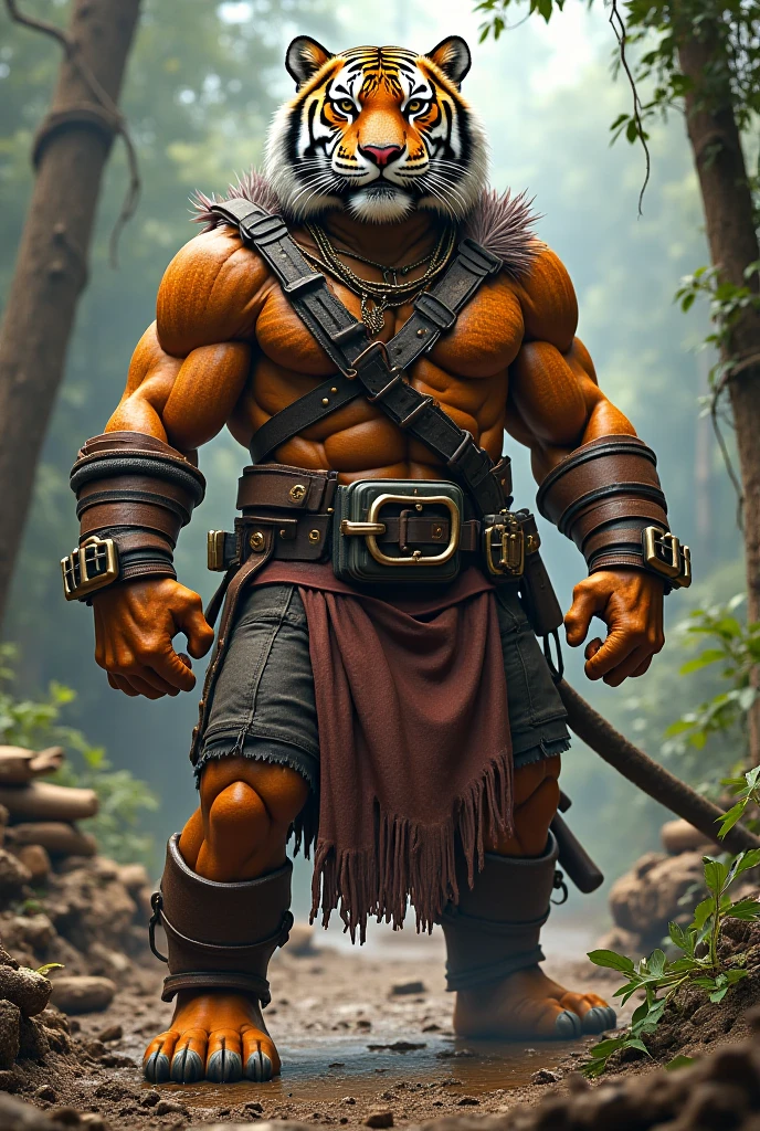 Muscular gay furry tiger in bondage gear