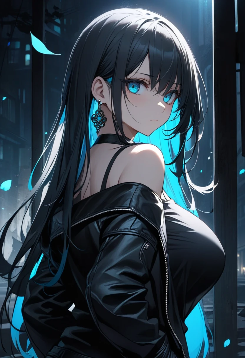1girl, blue eyes, black hair shining eyes, blue flame coming out of the eye, serious look, city in the background, black bra, black cape, tied hair, shorts, detailed face, beautiful and deep eyes, angle focused on the face