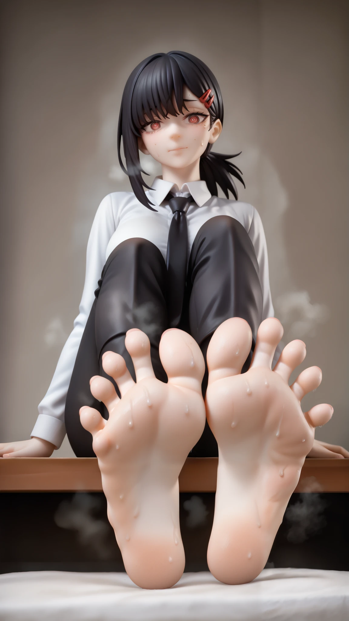  Chainsaw Man, Kobeni (chainsaw man),  1girl, feet, barefoot, foot focus, toes, solo, soles, necktie, Jet Black Hair, Black Hair, bangs, One-sided hair, Hair Clip with red, steaming body, sweat, pants, shirt, looking at viewer, smell, ringed eyes, black necktie, black pants, white shirt, breasts, foreshortening, collared shirt, simple background, sitting, spread toes, toenails, sidelocks, closed mouth, stinky feet, strong odor, sweaty soles, visible stink lines, exaggerated smell, wrinkled soles, dirty feet ,masterpiece,best quality,very aesthetic,highres,absurdres,sensitive,amazing quality,newest, scenery