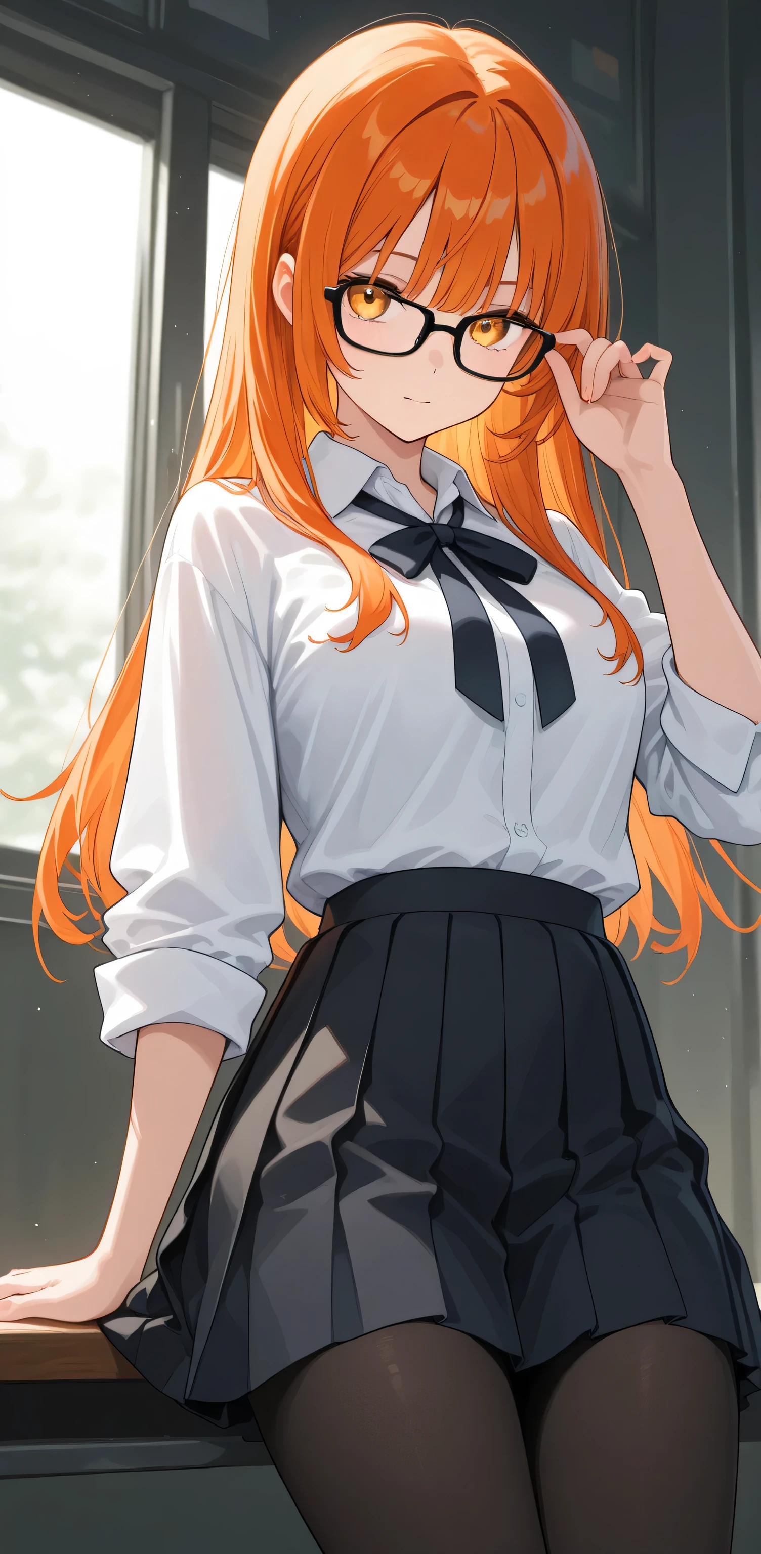 1 girl,Long orange hair,black frame glasses,white shirt,Black Pleated Skirt,black pantyhose