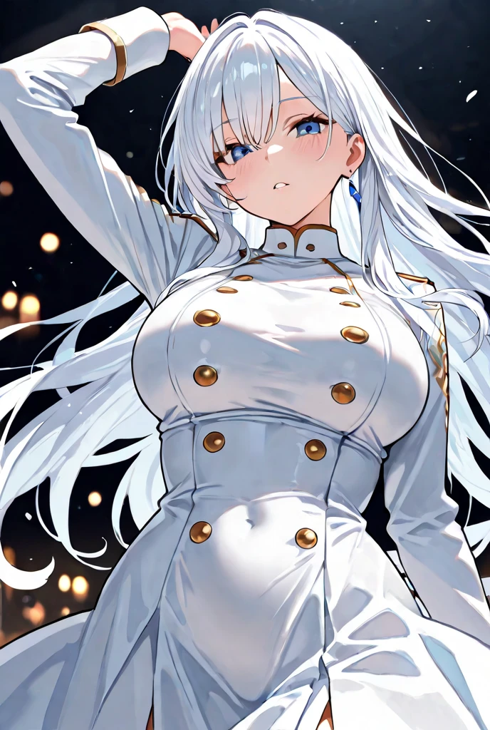 anime girl, teenager, big breasts, white hair, white skin, white dress, long hair, Beautiful and cute, gentle nature, Moles at the corners of the mouth, orange eyes
