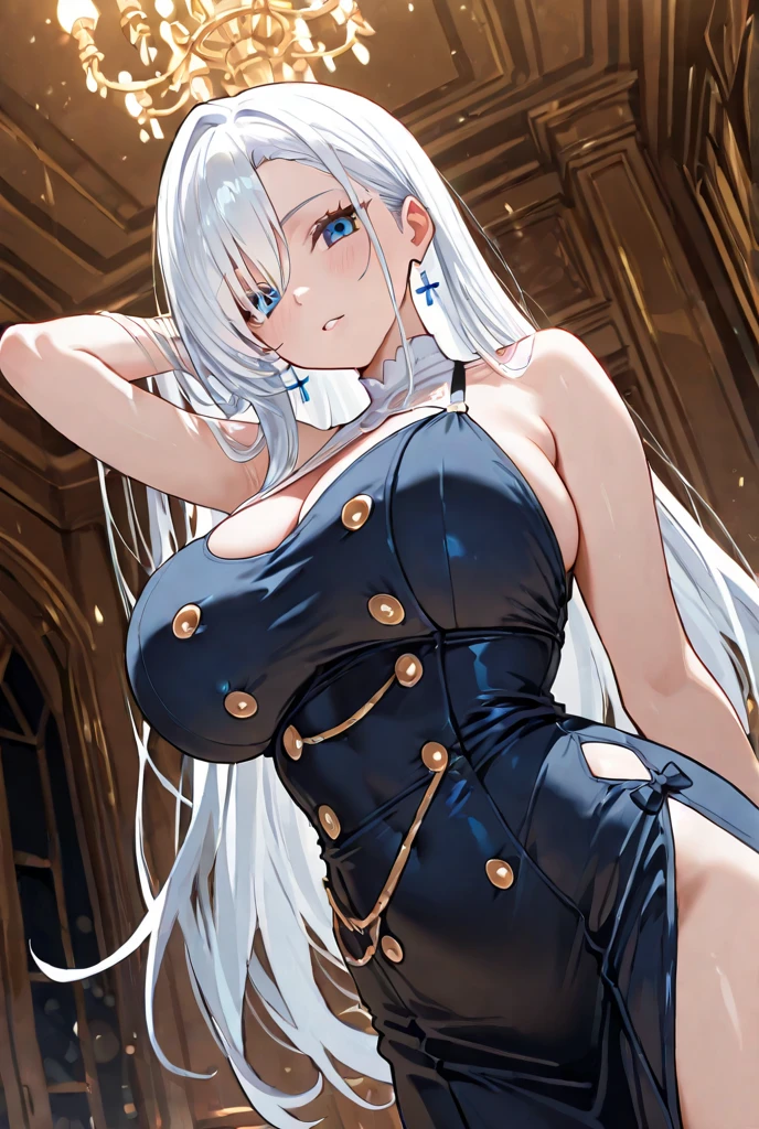 (((Highest quality、first class、masterpiece、Normal body、8k、Detailed face、Ultra-precision、normal hand、Normal refer to、5refer to、Highest)))、Eternal Frail、Silver Hair、Long Hair、???、clear、pure、A blue suit that reveals a cleavage、Navy blue shorts、"SD Gundam G Generation"、Shot down、Defeated、Captured、Taken prisoner、Handcuffed、Detained、Chained by a collar、lock restraint、Jail、prison、Frightened、fear、blush、Interrogation、torture、Whipping