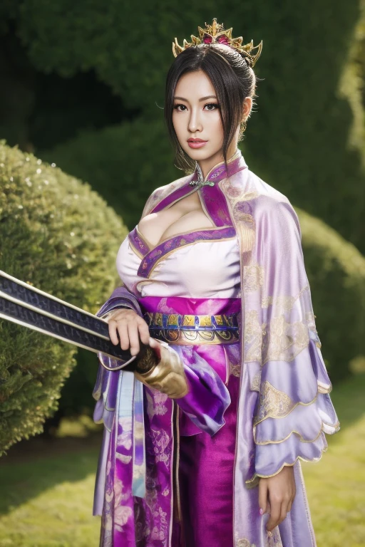 top-quality、Photorealsitic:1.5、masterpiece、独奏、perfect bodies、put hands on the hip、Beautiful Japan Woman、20yr old、skinny、Sexy Female Ninja、Colossal tits、((Show off your cleavage))、 (Sexy Female Ninja)、(Yuzuri is a style) 、Ninja clothes without sleeves、((looking at the viewers))、Blushing、shinny skin、Samurai sword,