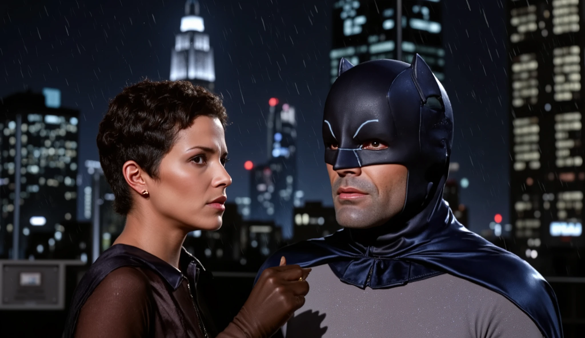 1950s Panavision 70 mm, Halle Berry as Catwoman, AFFLECK24 as batman60s in classic costume standing beside Catwoman on a rain-soaked rooftop. The scene captures the glistening reflections of neon lights. Catwoman's fierce eyes and delicate whisker-like makeup contrast with Batman's stoic determination , Catwoman's hand on batman's chest looking at him seductively, comic style