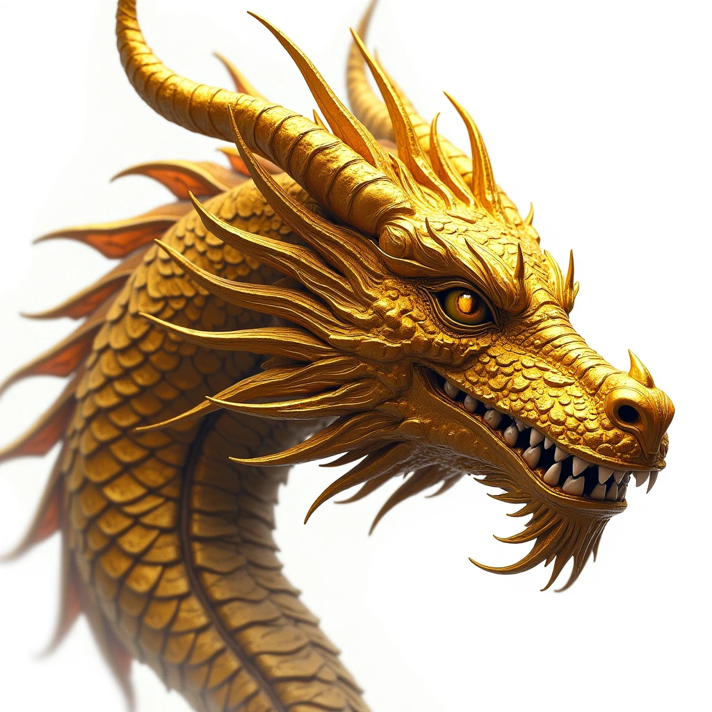 A golden oriental dragon，Golden Dragon，Golden faucet，Horns on the head，fear，Scary，Huge teeth，ferocious，（((side view：1.5))），White background，cartoon，Second Dimension