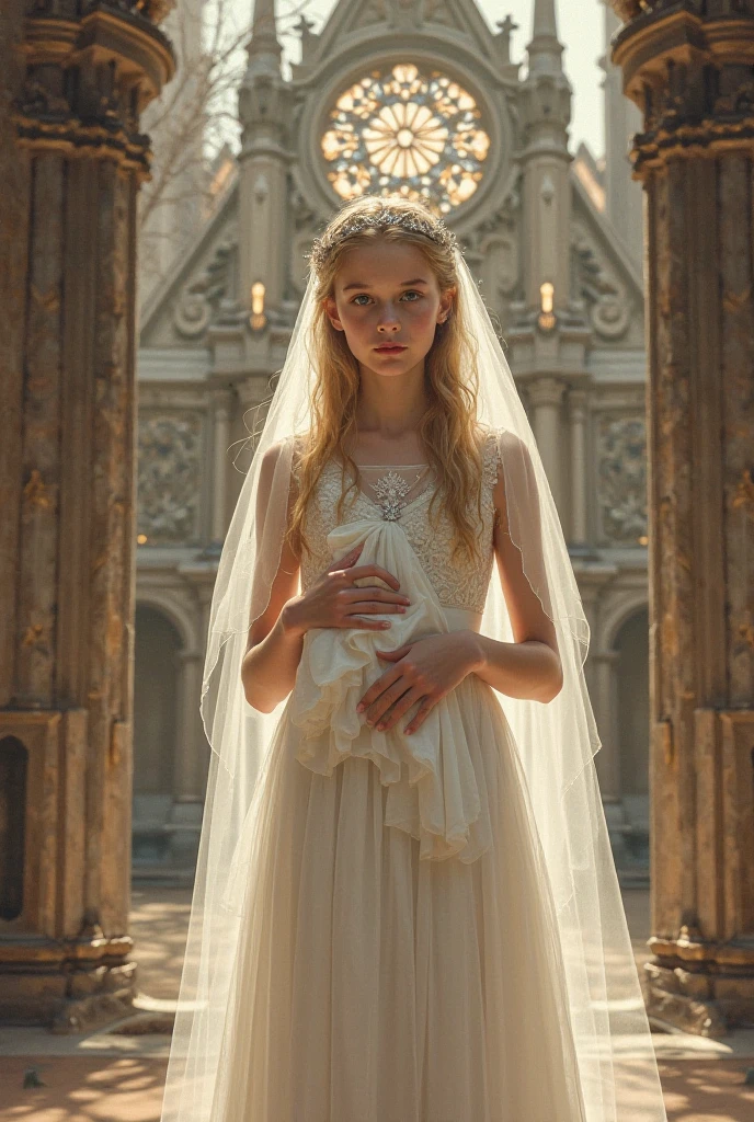 TrualityCampus_Penelope, gorgeous, stunning, early twenty, curious, alluring, seductive, walking (in a cathedral:1.4), wearing (wedding dress:1.4), (modern photography), 85mm, (analog, cinematic, film grain:1.3), (looking at viewer:1.2), detailed eyes, natural smooth skin texture, light makeup, epiCPhoto, <lora:add_detail:0.5>