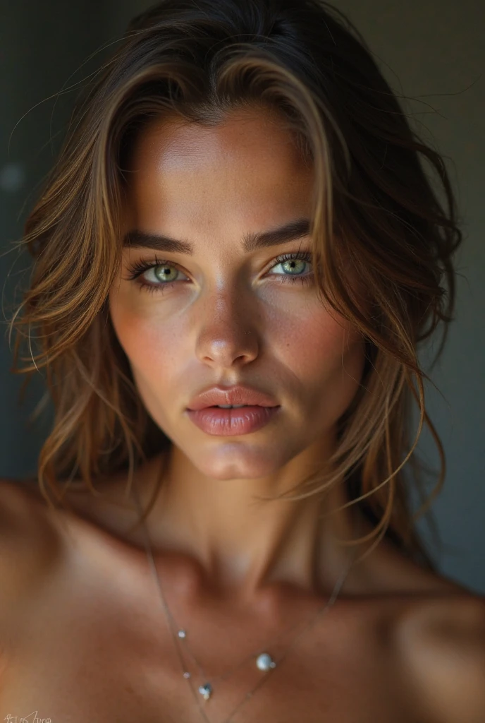 arafed woman fully , sexy girl with brown eyes, ultra realistic, meticulously detailed, portrait sophie mudd, brown hair and large eyes, selfie of a young woman, dubai eyes, violet myers, without makeup, natural makeup, looking directly at the camera, face with artgram, subtle makeup, stunning full body shot kneeling on bed, in bedroom, medium to large size bust, (((topless)))