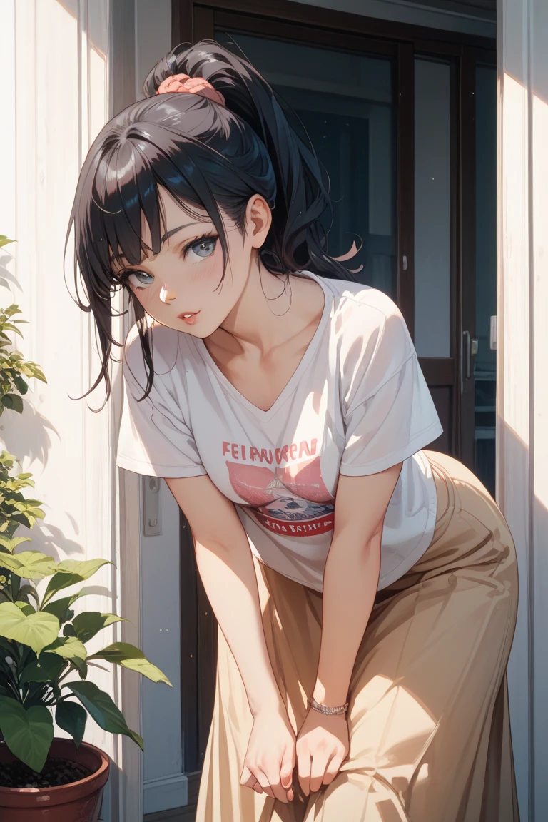Female, hot, sweat, steam, mid-bust, shy, looking at viewer, NSFW, masterpiece, knee-length white long t-shirt